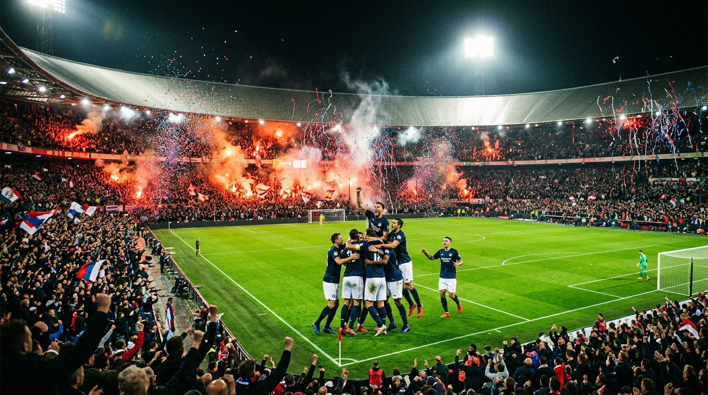 Footballers celebrating on a floodlit pitch in a packed stadium